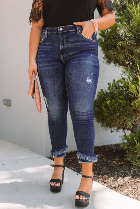 Mid Rise Raw Hem Distressed Plus Size Jeans