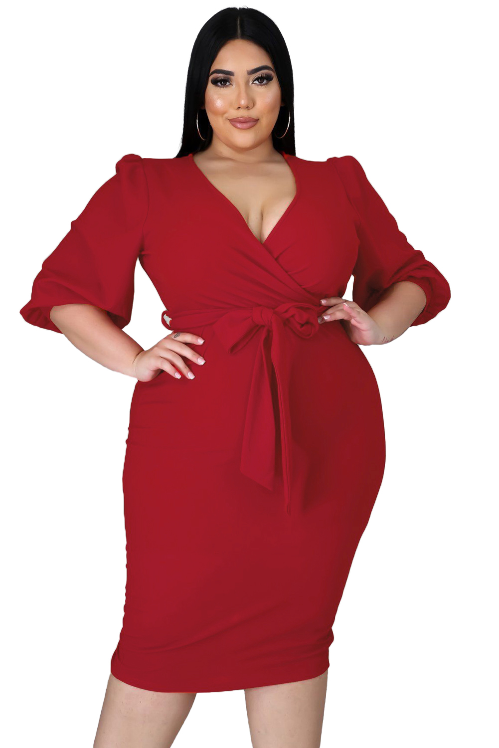 Red Cross Over Tie Waist  V-Neck Midi Dress