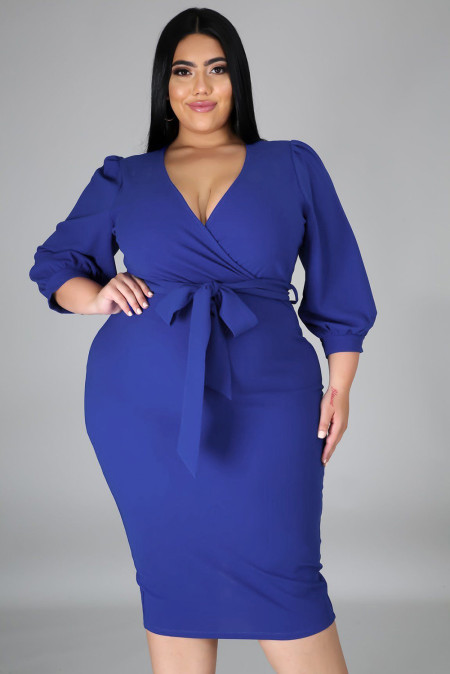 Royal Blue Wrap Front V-Neck Midi Dress