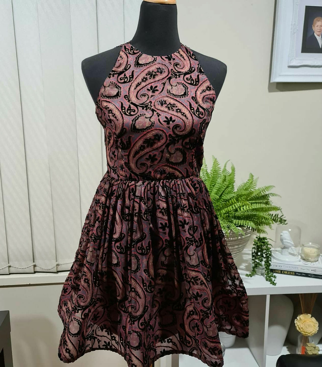 Paisley flocked Chiffon Exposed Shoulders  Dress