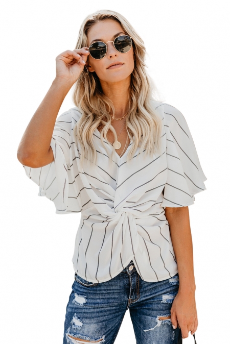 V-Neck Short Sleeve Twist Front Top With -White